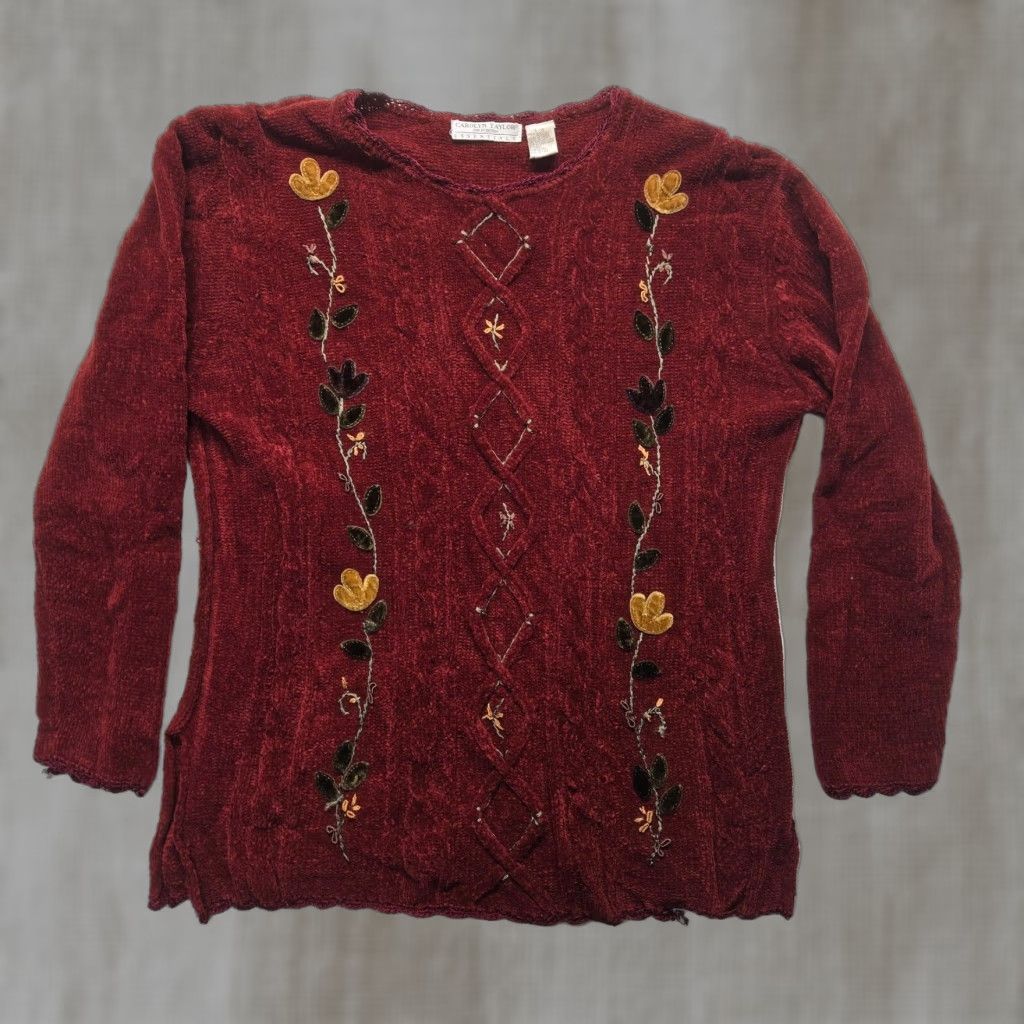 Vintage Taylor Floral Long Sleeve Red Sweater Women's Large Adult Pullover Size L / US 10 / IT 46 - 1 Thumbnail