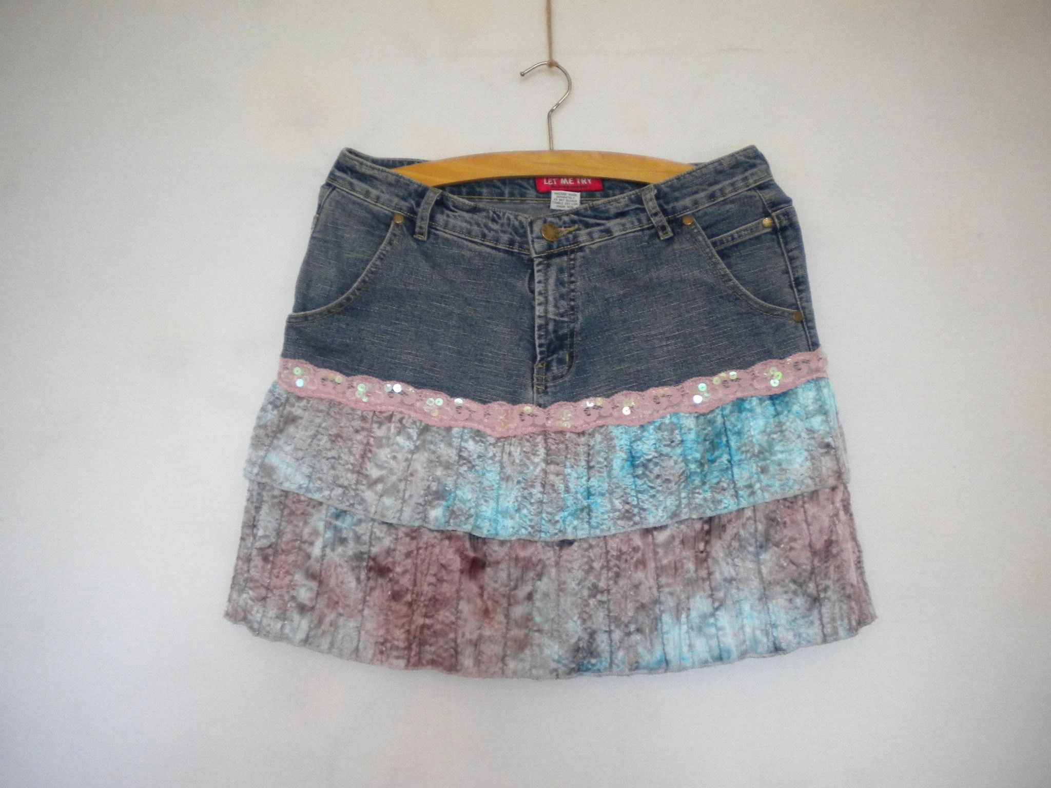 Other Vintage denim hippie jean mini skirt Y2K ruffle lace sequins Size 27" / US 4 / IT 40 - 1 Thumbnail