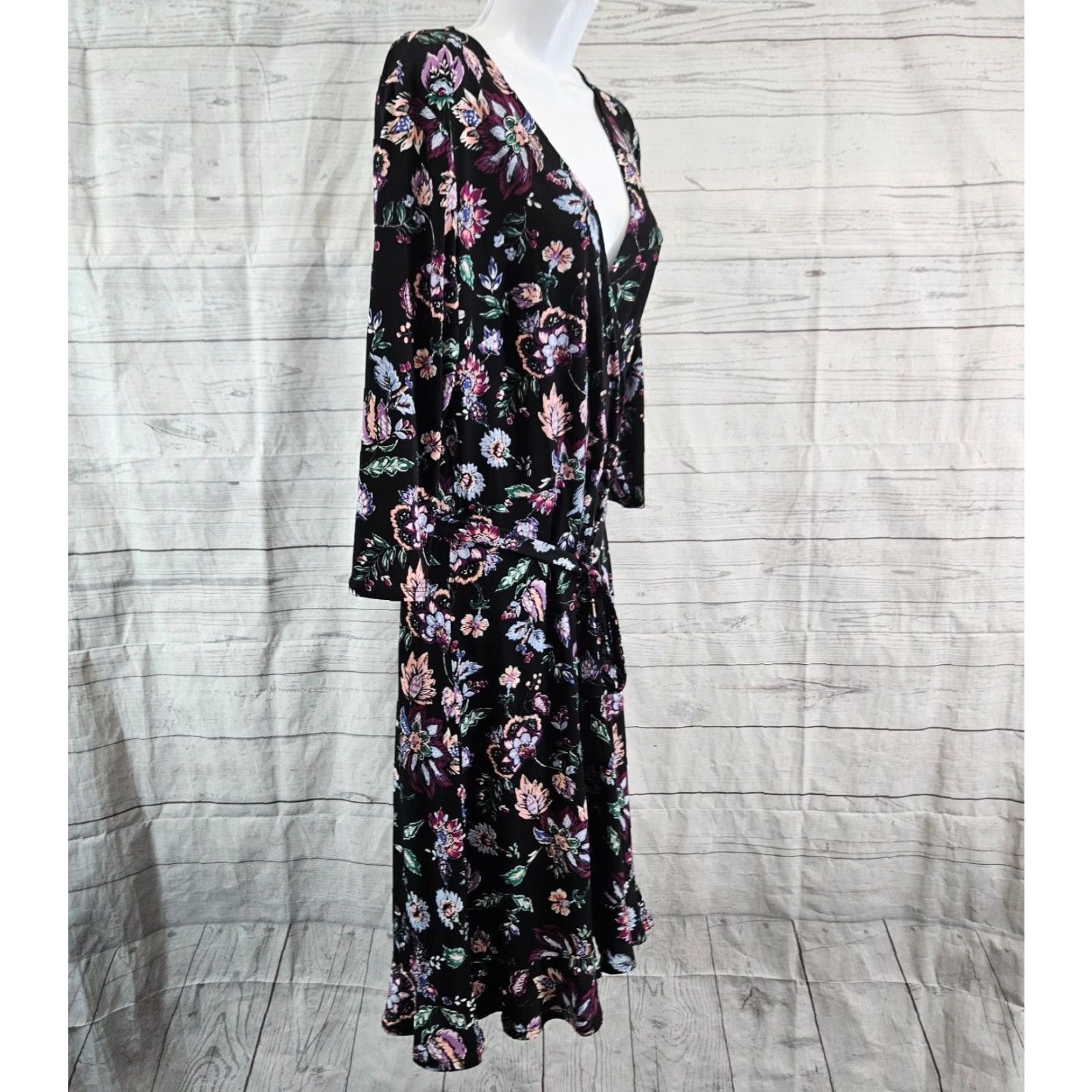 Vintage Leota Dress Womens Sz Large Black Purple Floral 3/4 Sleeve V-Neck Belted Size L / US 10 / IT 46 - 3 Thumbnail