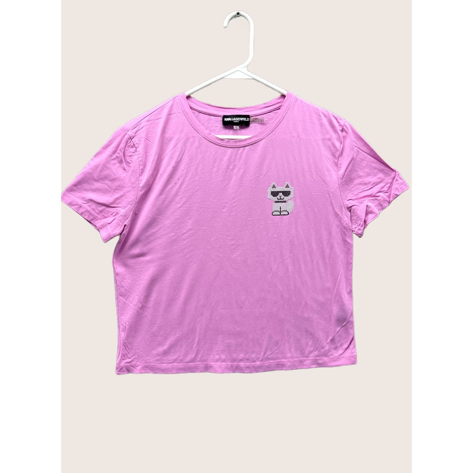 Karl Lagerfeld Karl Lagerfeld Paris Shirt Womens Small Pink Cat Rhinestone Cropped Top Size S / US 4 / IT 40 - 1 Thumbnail