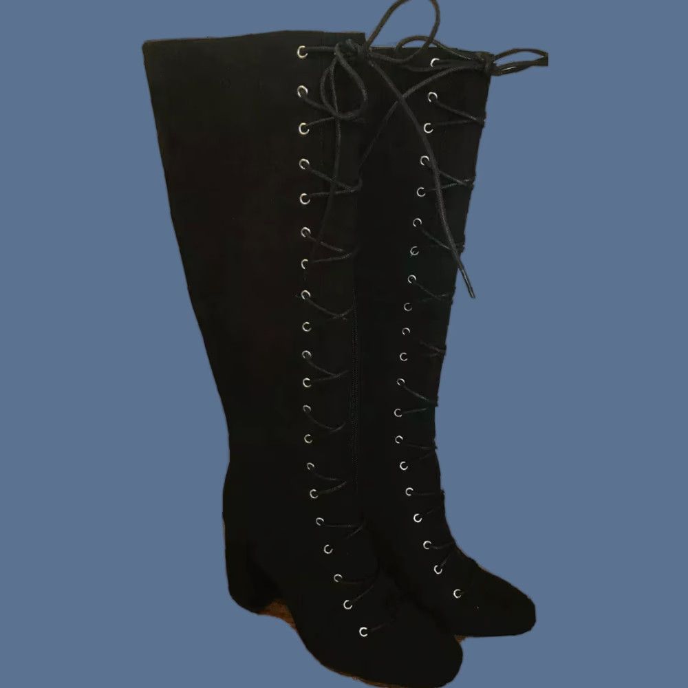 BCBGeneration VINTAGE US 8 Medium BCBGeneration Addison Micro-suede Black Lace Up Boot 3 1/4" Heel Zip Boots Womens Damaged Box Scuffs Size US 8 / IT 38 - 1 Thumbnail