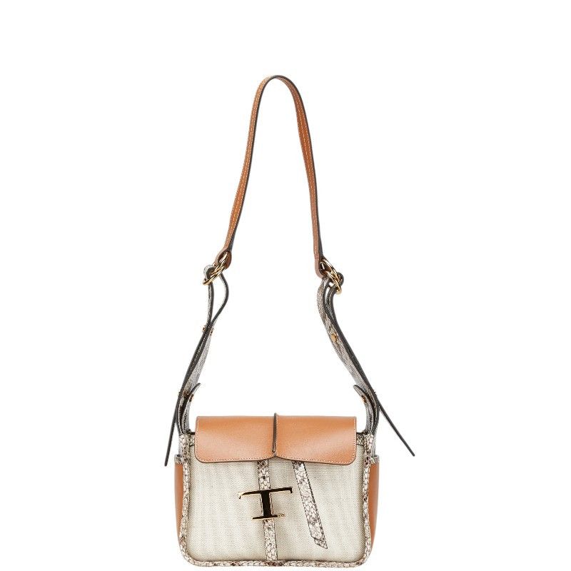 Tods Tod's TodS T Timeless Python Embossed Leather Canvas Shoulder Bag Leather Shoulder Bag in White, Women's