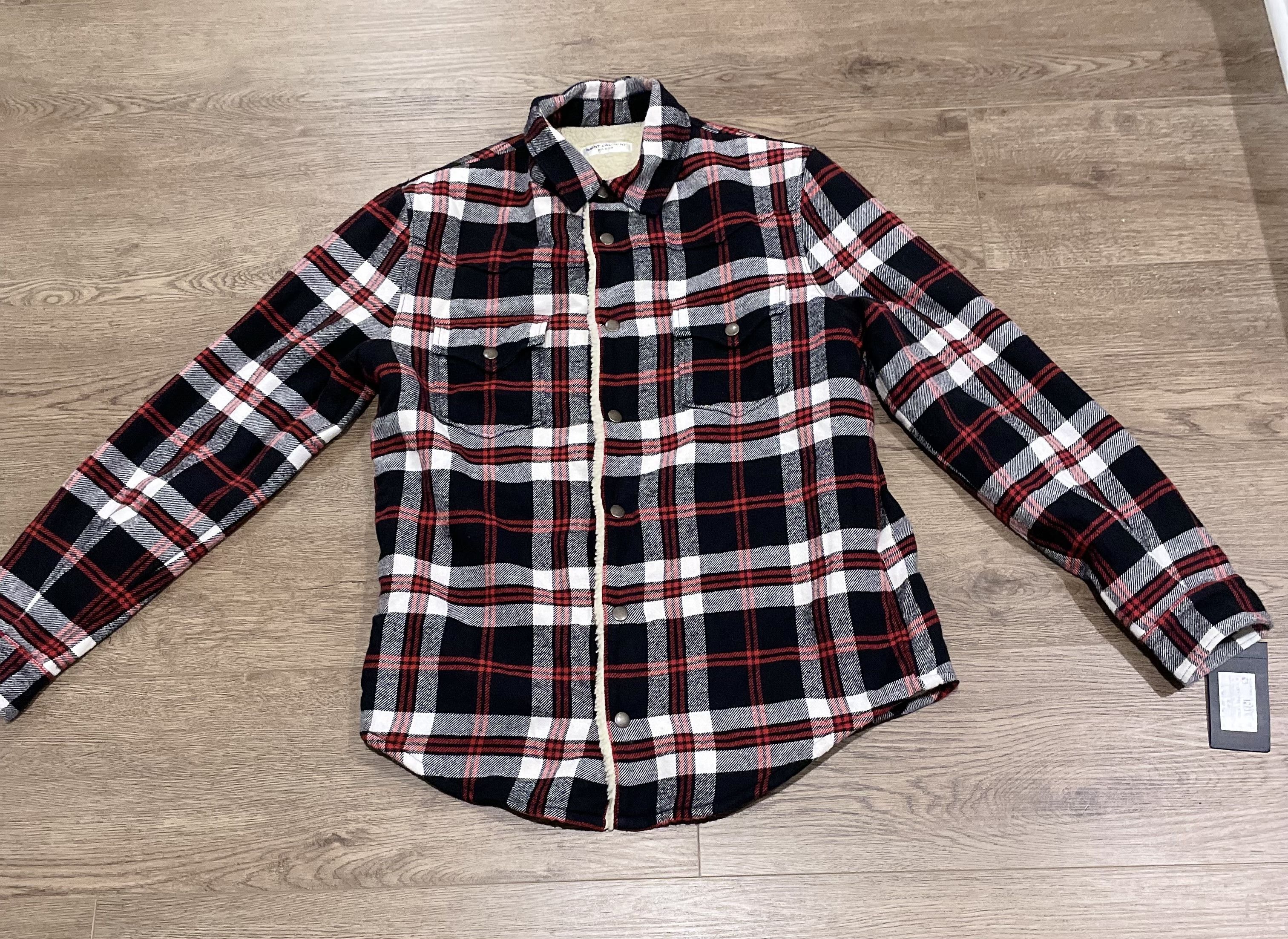 image of Saint Laurent Paris Saint Laurent Men’S Faux Shearing Overshirt in Red Plaid, Men's (Size Medium)