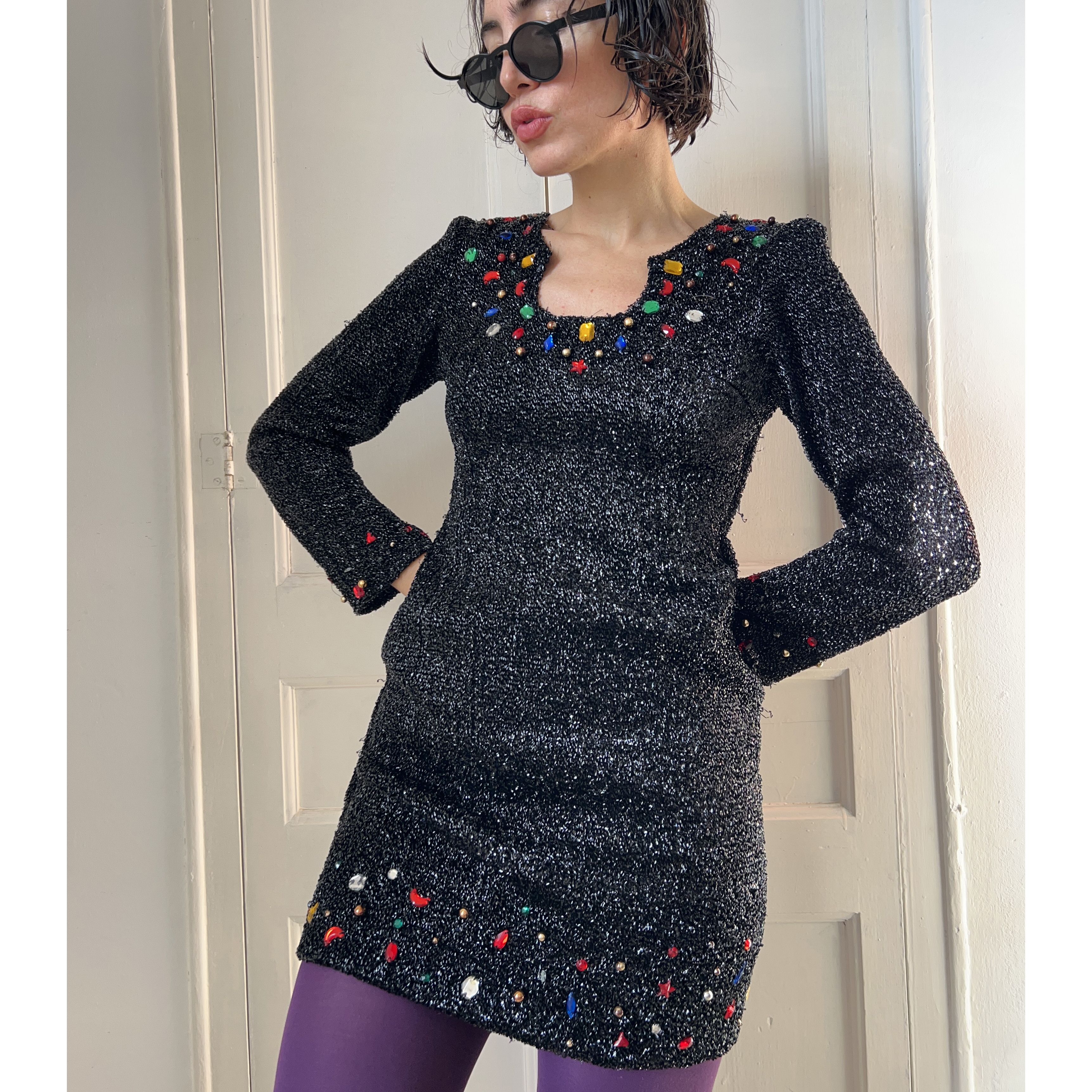 Vintage Vintage 80s Jeweled Black Lurex Mini Dress Size S / US 4 / IT 40 - 1 Thumbnail