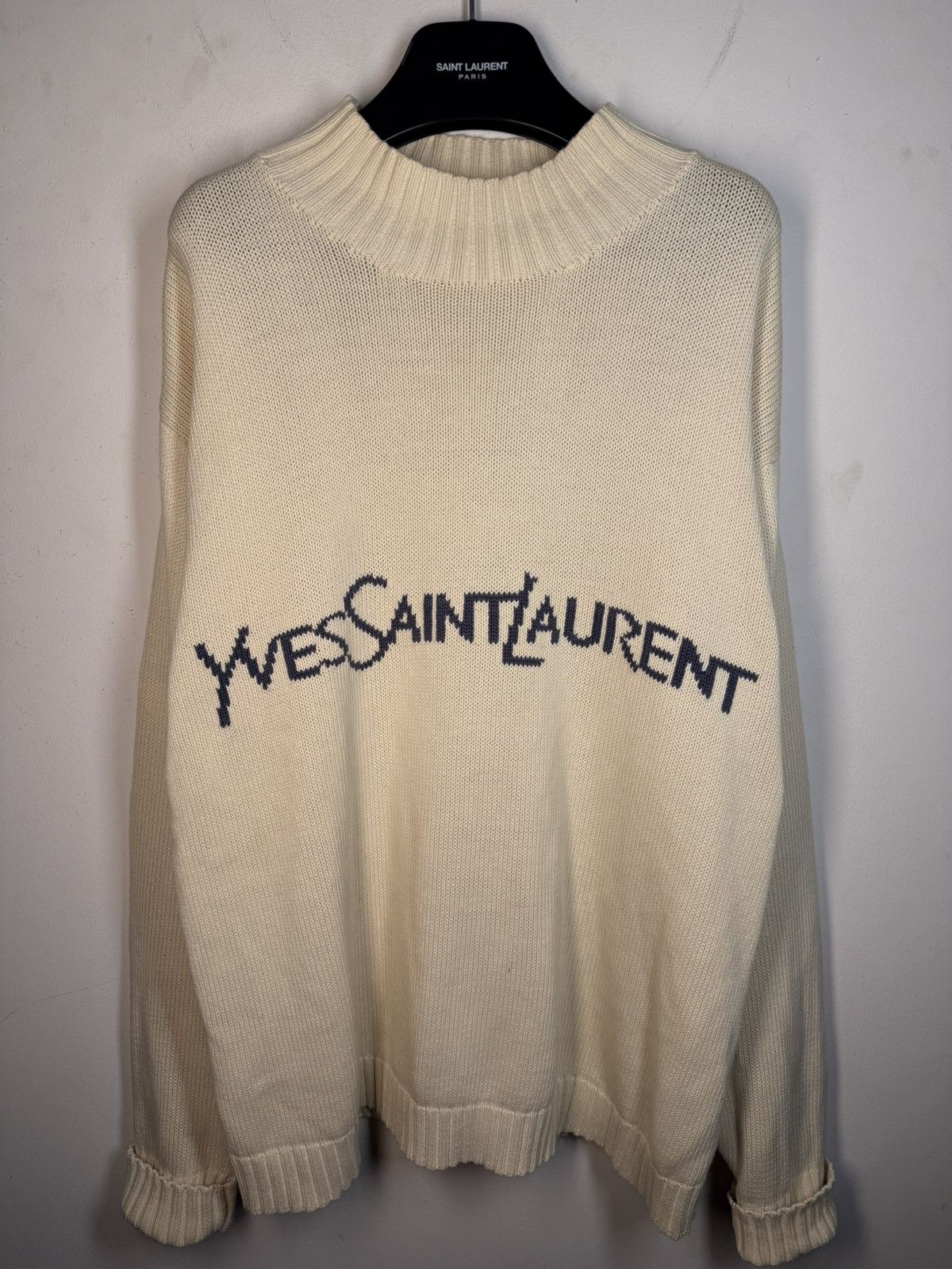 Yves Saint Laurent Cream YSL Sweater Knit Big Logo Turtleneck y2k Sweatshirt Size US L / EU 52-54 / 3 - 1 Thumbnail