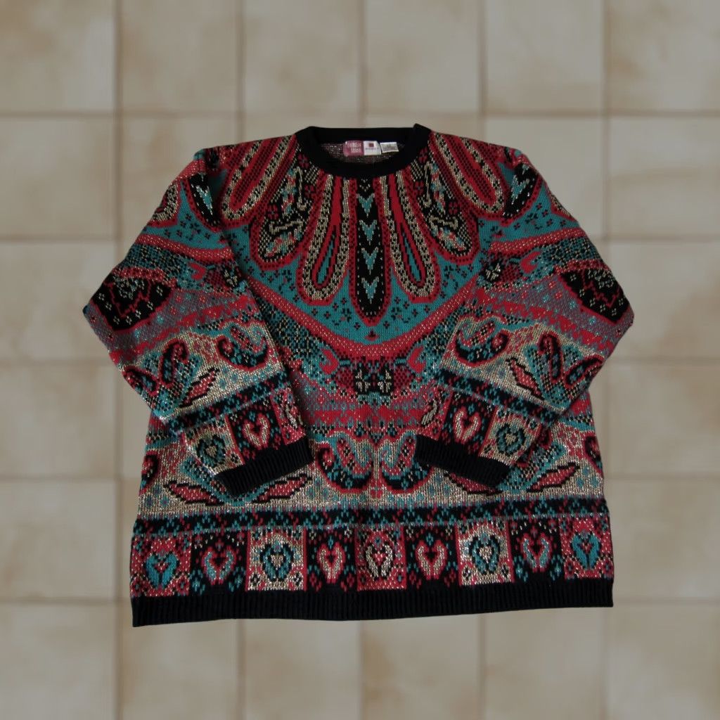 Vintage VINTAGE Sheridan Square Sweater Womens 22W Black Red Blue Paisley Baroque Gold 90s 80s Size 3XL / US 20-22 - 1 Thumbnail