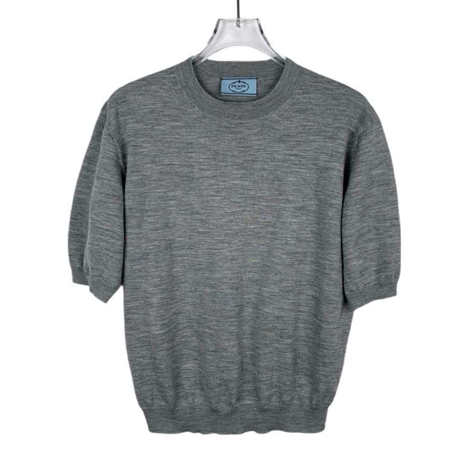 Prada Grey Wool Logo Triangle Patch Crewneck Short-Sleeve Kn