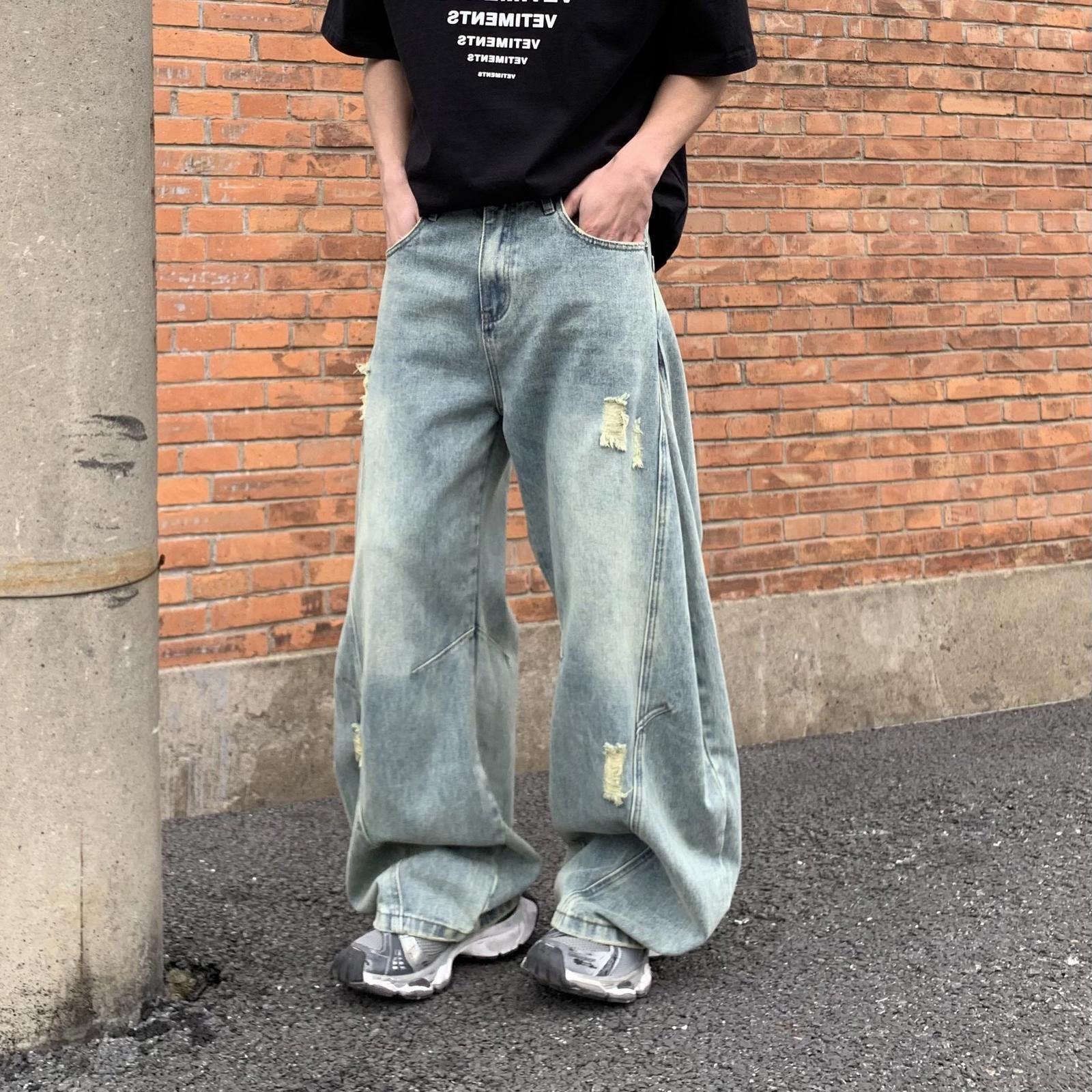 Jean Light Blue Distressed Baggy Wide Leg Jeans, Relaxed Fit Size US 30 / EU 46 - 1 Thumbnail