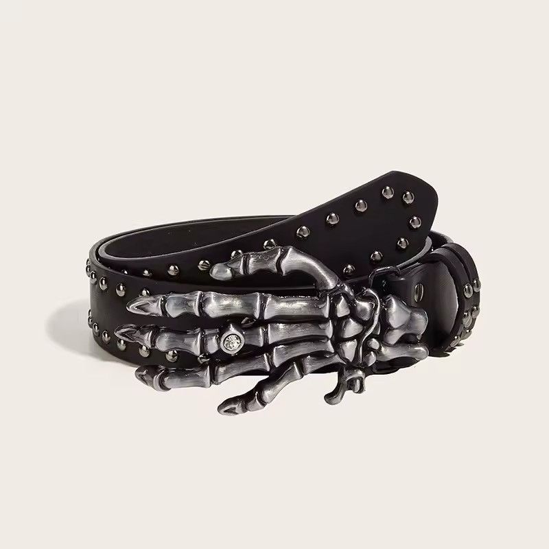 Leather × Vintage Hand Skull Rivet Unisex Waist Pu Leather Belt Size ONE SIZE - 3 Thumbnail