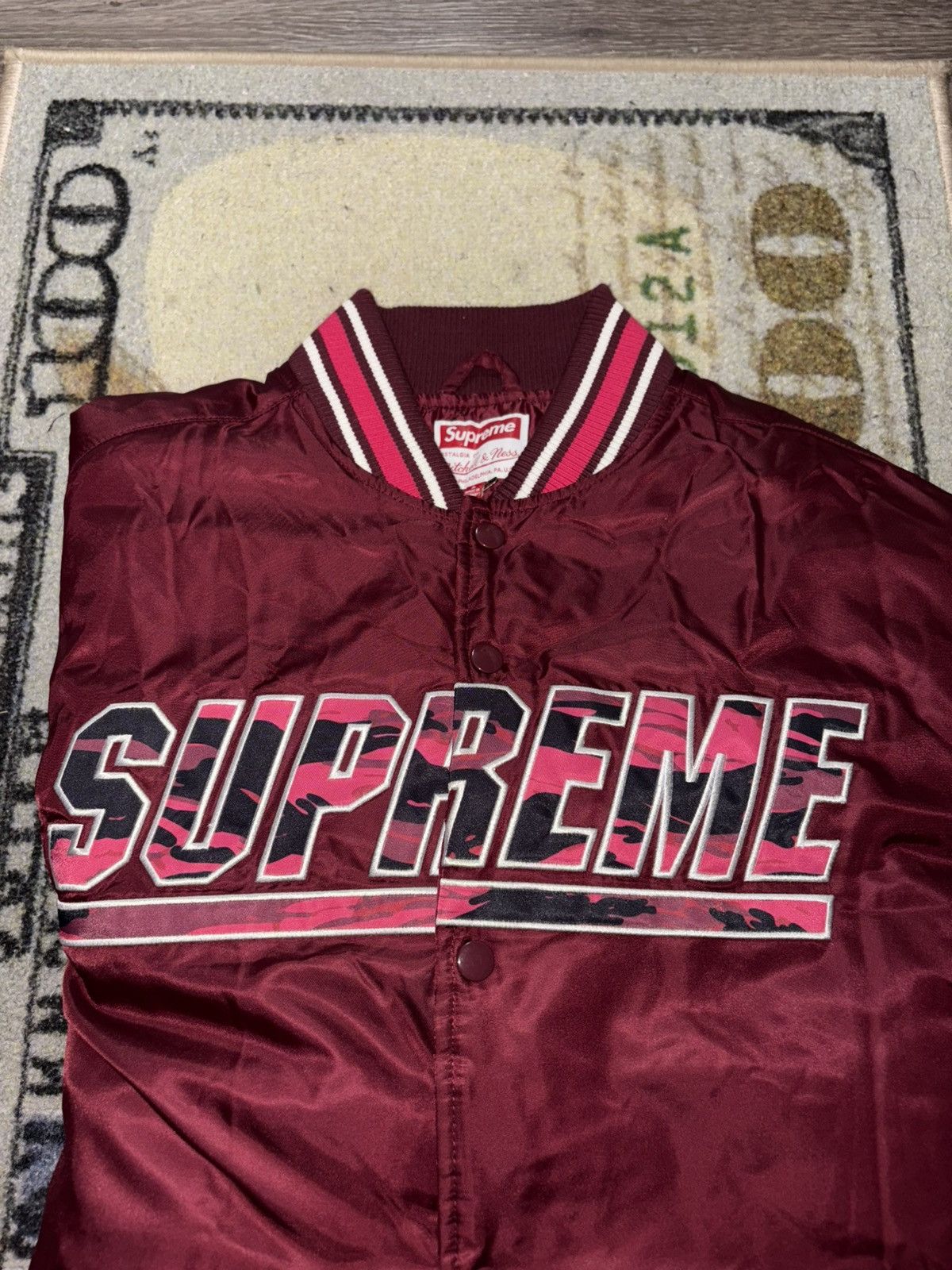Mitchell & Ness × Supreme Supreme Mitchell & Ness Camo Logo Varsity Jacket Burgundy Size US L / EU 52-54 / 3 - 3 Thumbnail