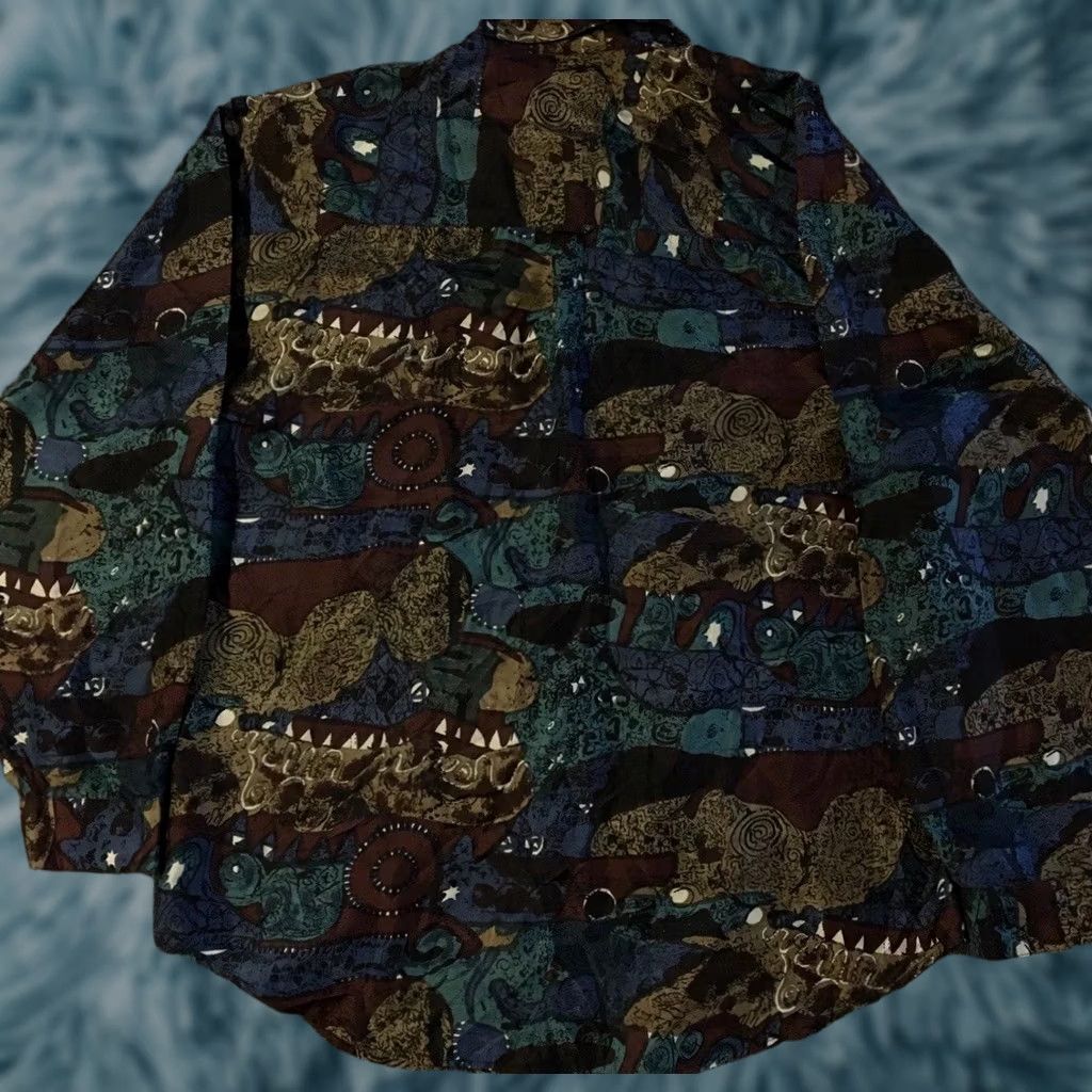 Vintage VINTAGE 90s Abstract Art AOP Button Up Shirt M Grunge Vaporwave Surf Skate Aztec OP Shirt Mens Brown Silk Short Sleeve Size US M / EU 48-50 / 2 - 1 Thumbnail