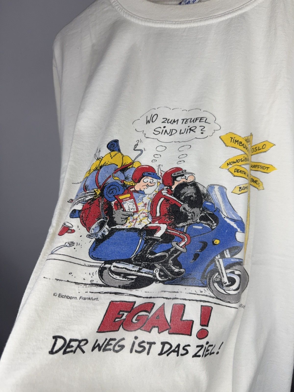 Vintage 90s Moto Mania Motorrad Comic Graphic T-Shirt German Moto Size US XL / EU 56 / 4 - 8 Thumbnail