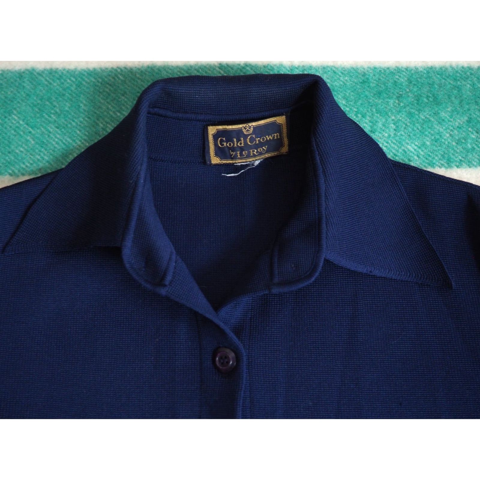 Old Navy VTG 70s Le Roy Gold Navy Blue Poly Button Pocket Cardigan Sweater Shirt Womens M Size M / US 6-8 / IT 42-44 - 3 Thumbnail