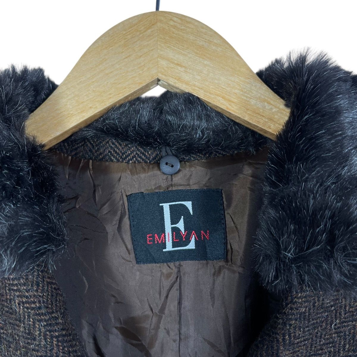 Vintage Emilyan Faux Fur Collar Herringbone Wool Long Coat Belted Size M / US 6-8 / IT 42-44 - 3 Thumbnail