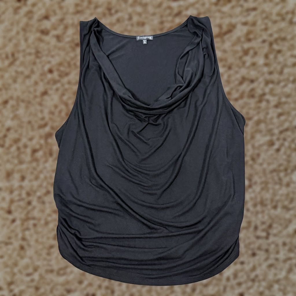 Vintage Curvy Sense Black Knit Cowl Neck Ruched Sleeveless Shirt Women's Size 4X Size XXL / US 16-18 / IT 52-54 - 1 Thumbnail