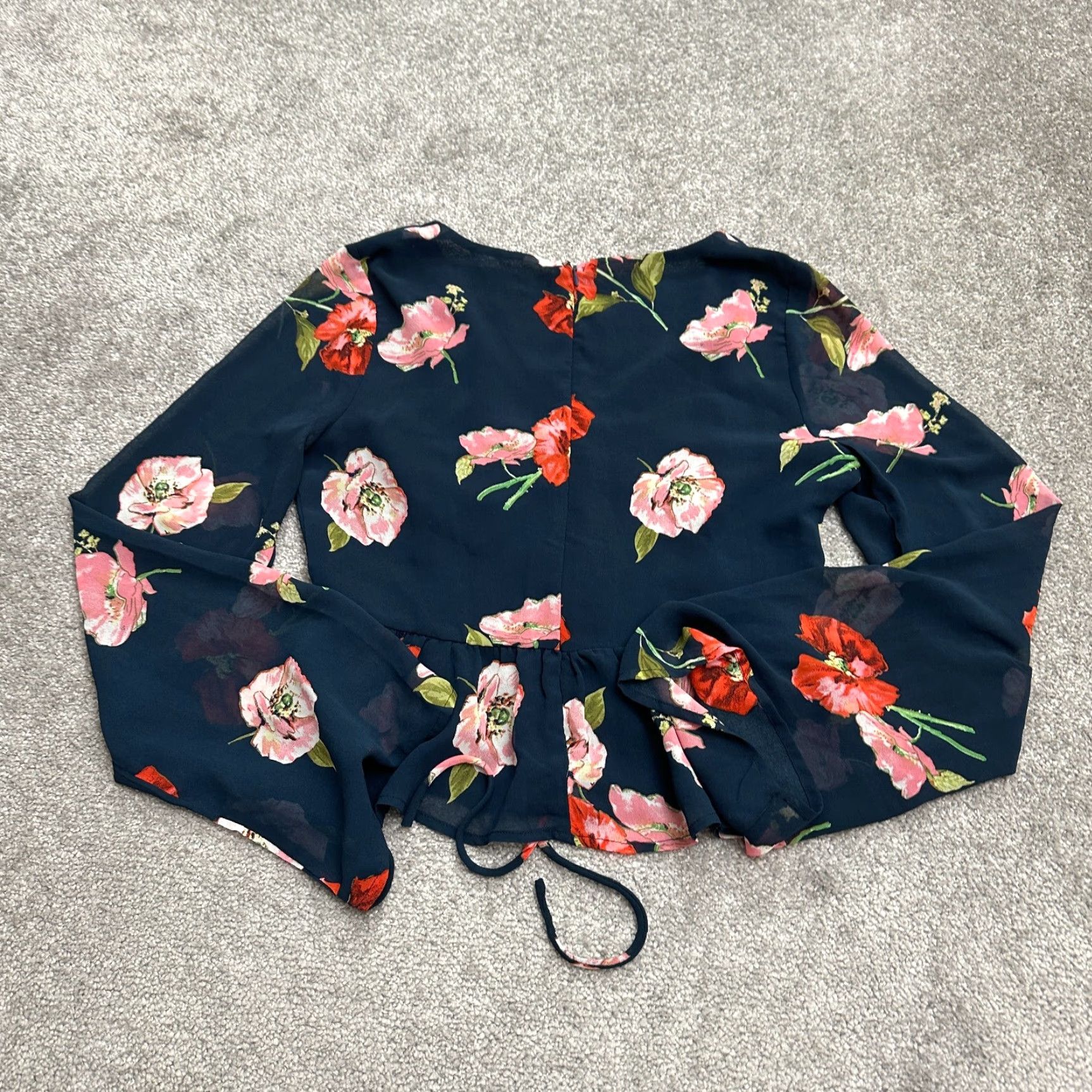 Bloomingdale's Aqua Bloomingdale's Cropped Top Womens S Blue Floral Bell Sleeve Peplum Size S / US 4 / IT 40 - 2 Thumbnail