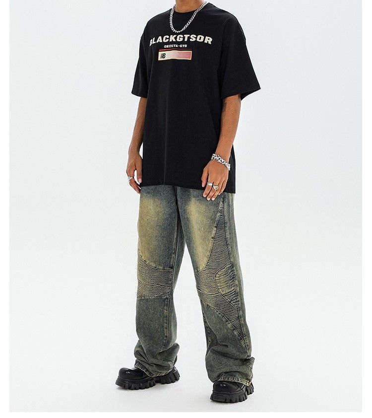 image of Embroidered Baggy Wide Leg Patterned Jeans, Men's (Size 30)
