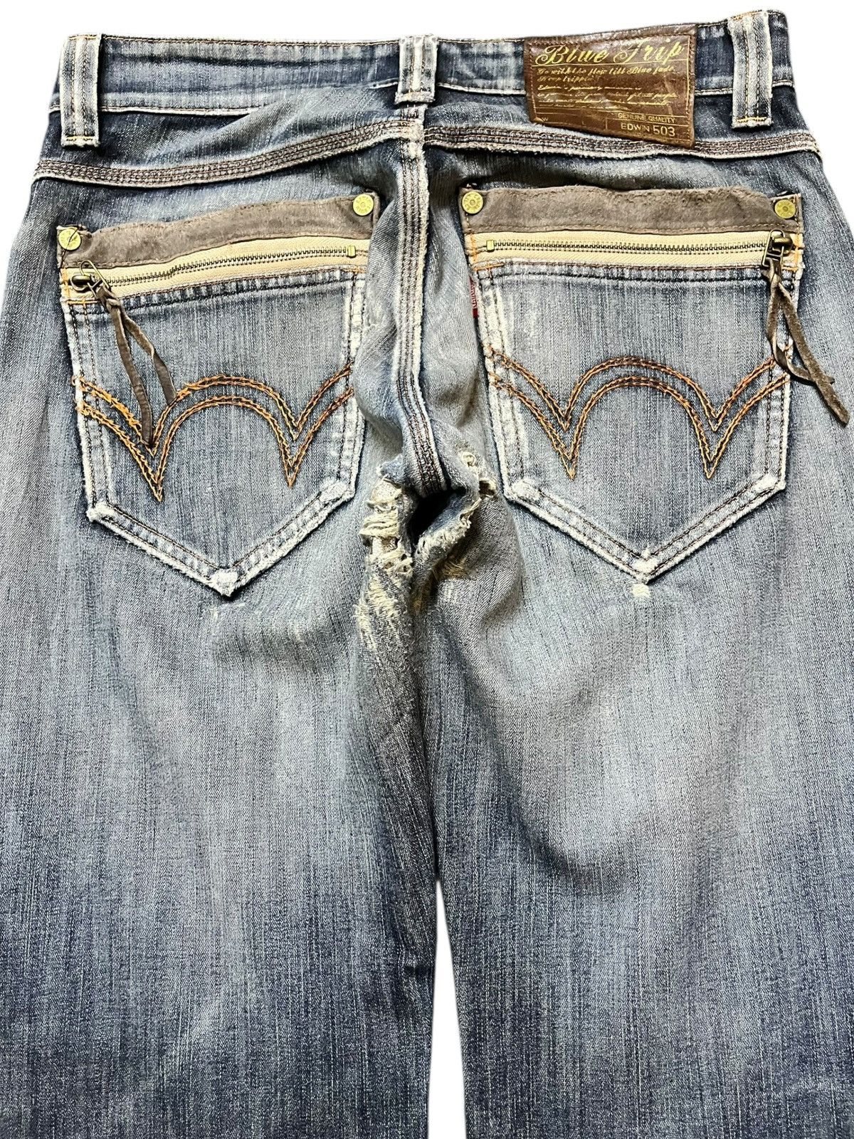 Edwin Vintage Edwin 503 Blue Trip Ripped Distressed Denim Size US 31 - 6 Thumbnail