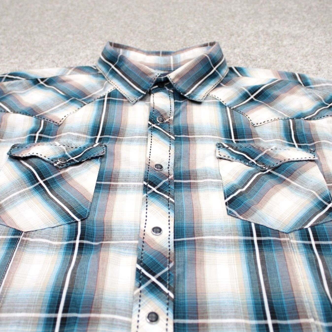 Wrangler Wrangler Pearl Snap Shirt Mens XL Plaid Blue/Tan Long Sleeve Button-Up Western Cotton/Poly Shirt Size US XL / EU 56 / 4 - 4 Thumbnail