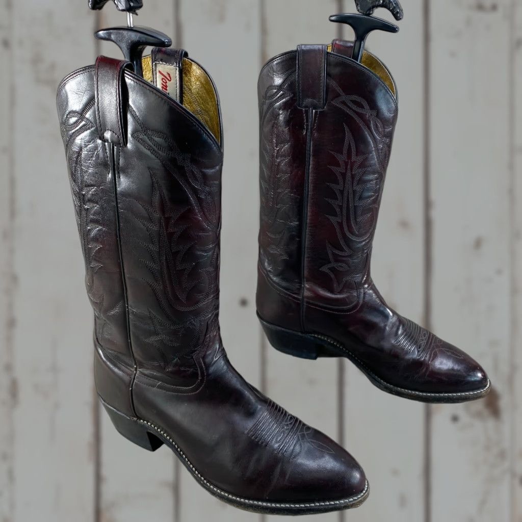 Tony Lama VINTAGE Tony Lama Boots Men's 8.5 EE Dark Cherry Burgundy Leather Cowboy Western Boots VTG 2996 Size US 9 / EU 42 - 1 Thumbnail
