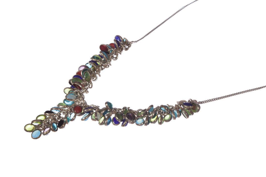 Designer Silver Necklace w/ Iolite, Opalite, Coral Amethyst Cabochons Size ONE SIZE - 3 Thumbnail