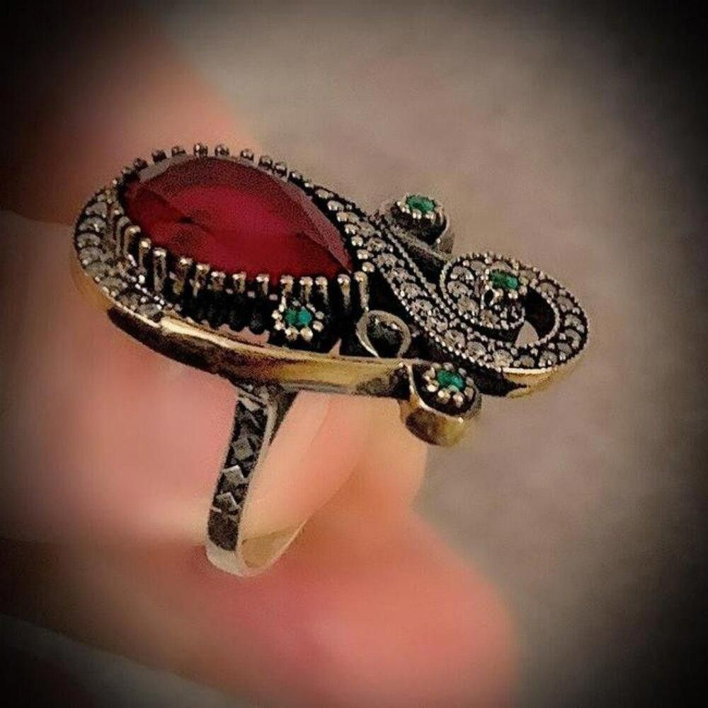 Designer Vintage Ruby Red Teardrop Antique Gold Ethnic Ring - Size 7 Size ONE SIZE - 3 Thumbnail
