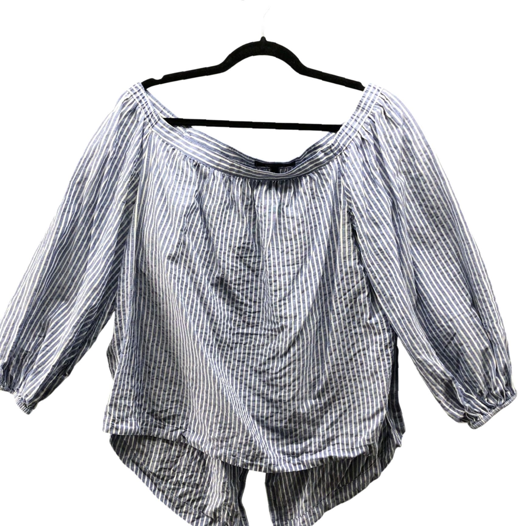 Bcbgmaxazria BCBGMAXAZRIA Blouse Off Shoulder Womens L Blue White Striped 3/4 Sleeve Split Back Bohemian Lightweight Shirt Regular Womens Size L / US 10 / IT 46 - 2 Thumbnail