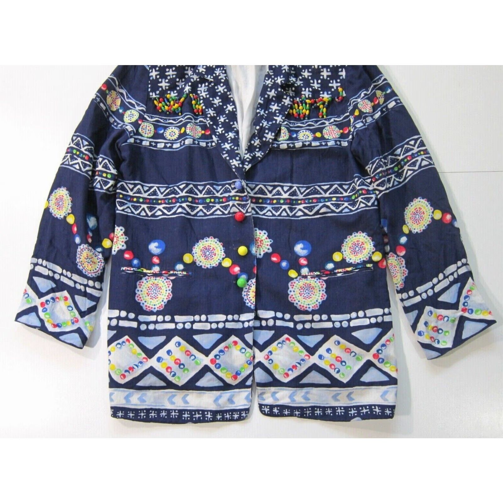 Vintage VINTAGE Platinum Dorothy Schoelen Blue Yellow Beaded Lagenlook Blazer Jacket Women Large Size L / US 10 / IT 46 - 7 Thumbnail