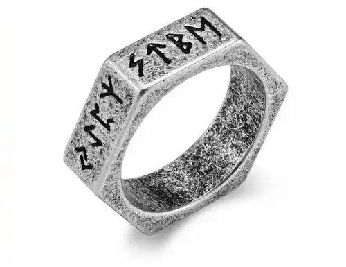 Vintage Retro Punk Stainless Steel Screws Norse Runes Amulet Ring Size ONE SIZE - 2 Thumbnail