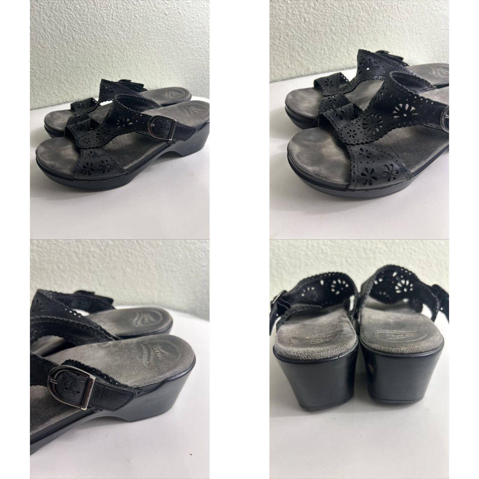Dansko Dansko Sapphire Sandal Womens Black Leather Cutout Eyelet Slide Wedge 39 US 8.5 Adjustable Buckle Leather Lining Floral Pattern Size US 9 / IT 39 - 8 Thumbnail