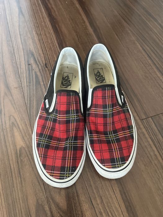 Red plaid slip on vans hot sale