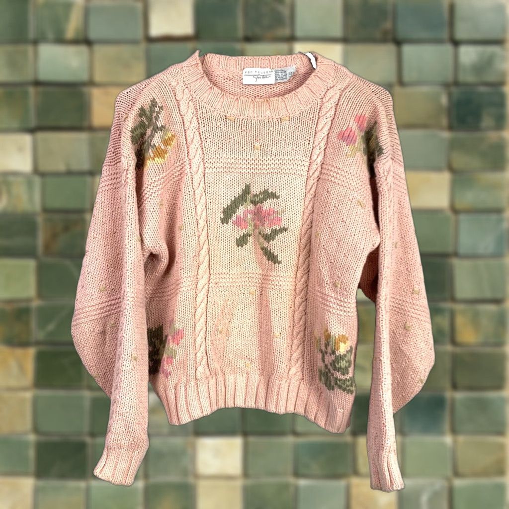 Van Heusen VINTAGE Van Heusen Sweater Womens Small Pink Cotton Ramie 55/45 Knit 1990s Floral Cable Knit Shirt? Size S / US 4 / IT 40 - 1 Thumbnail