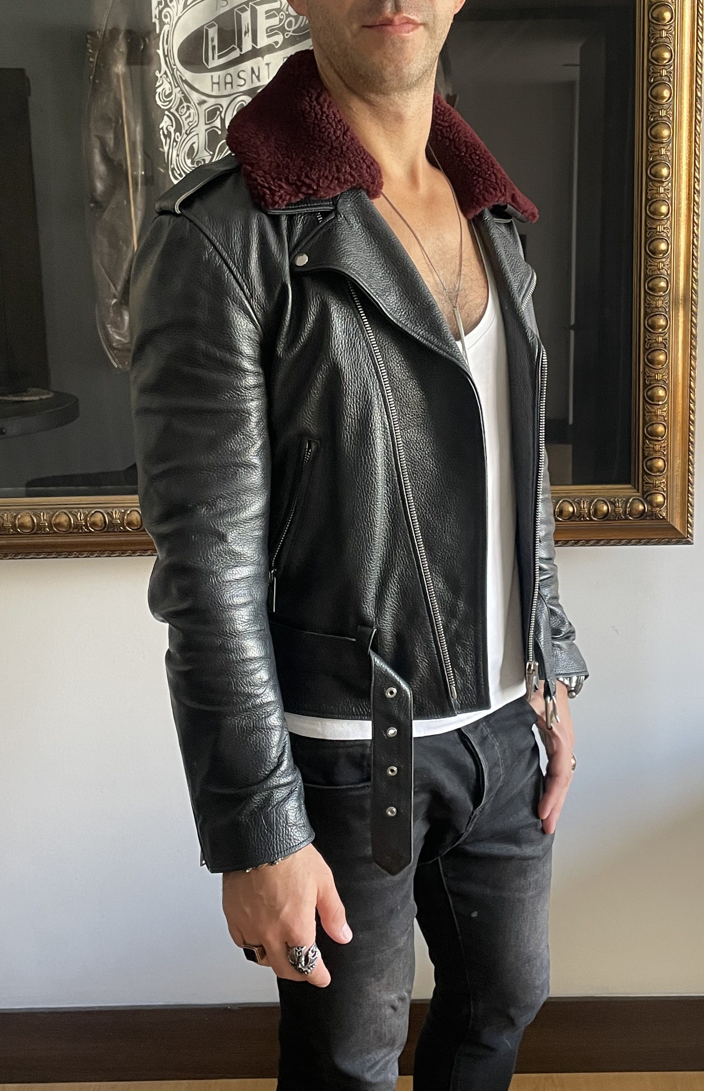 Sandro Sandro Leather Biker Jacket with Fur Collar Schott Varvatos Size US M / EU 48-50 / 2 - 4 Thumbnail