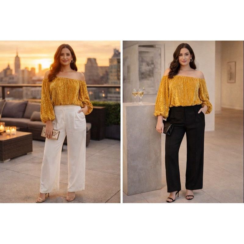 Other Lucky & Blessed Women’s Velvet Blouse Gold M Off Shoulder Lu Size M / US 6-8 / IT 42-44 - 1 Thumbnail