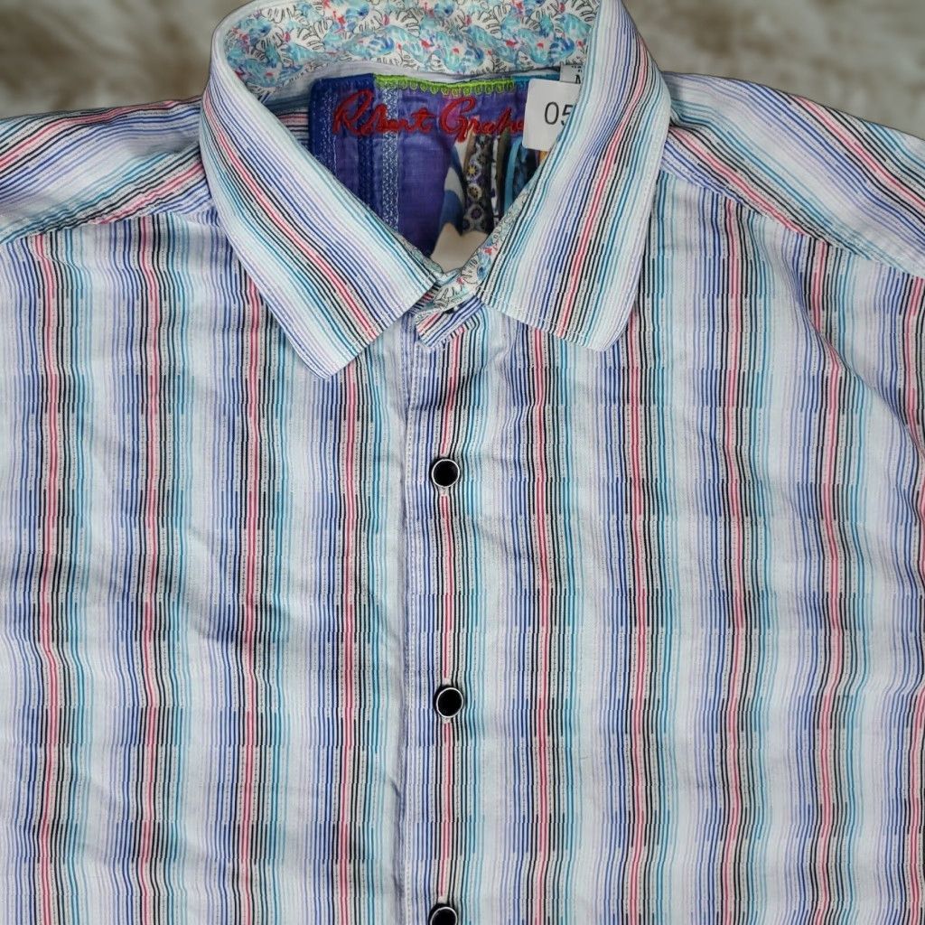 Robert Graham Robert Graham Shirt Mens Size Medium Blue Striped Button Up Short Sleeve Size US M / EU 48-50 / 2 - 1 Thumbnail