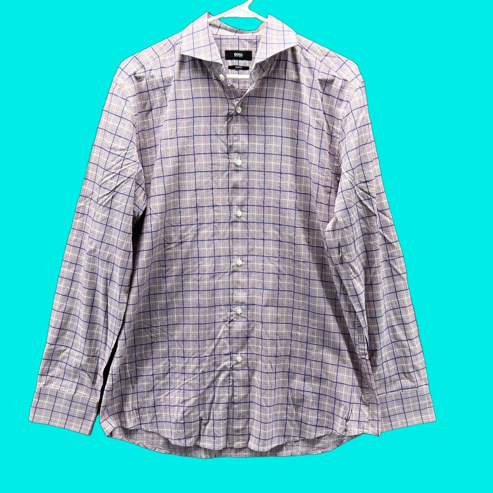 Hugo Boss HUGO BOSS Dress Shirt Mens 16 41 Purple Blue Check Slim Fit Long Sleeve Size 42R - 1 Thumbnail