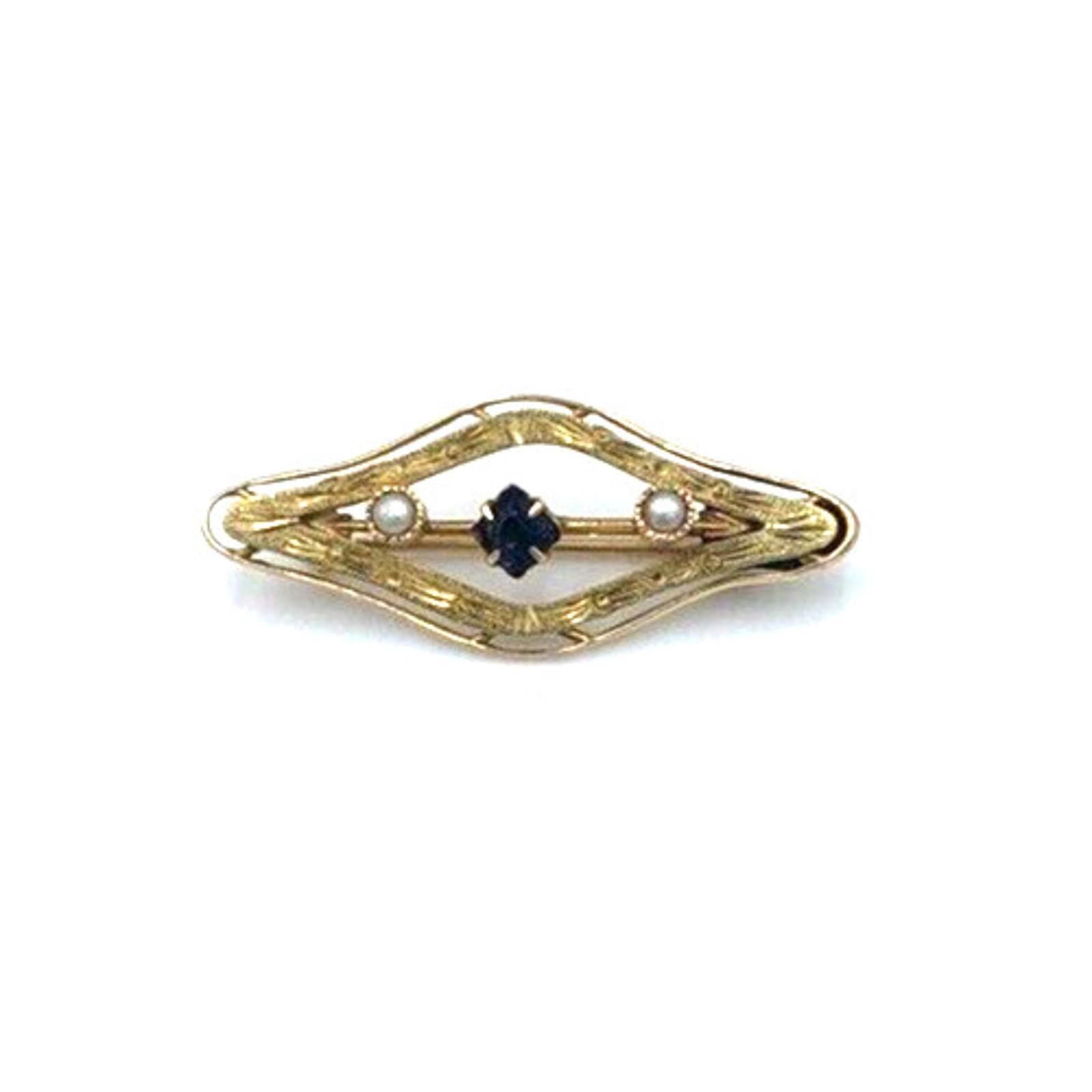 Antique Rivet Victorian 10K Gold Seed Pearl Blue Stone Etched Bar Brooch Size ONE SIZE - 1 Thumbnail