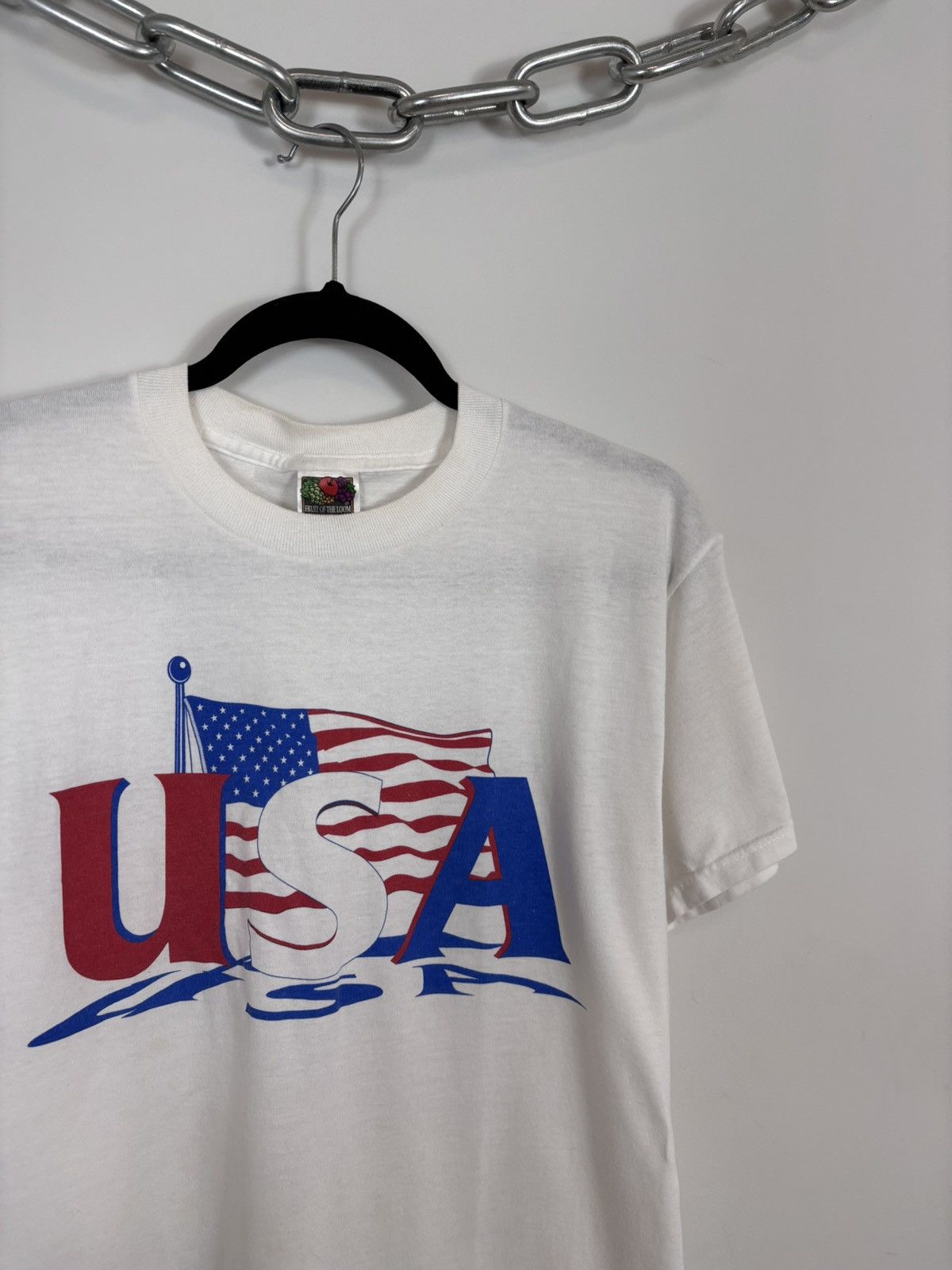 Fruit Of The Loom Vintage 1990s Big USA Flag Logo White T-Shirt Tee Size US M / EU 48-50 / 2 - 5 Thumbnail