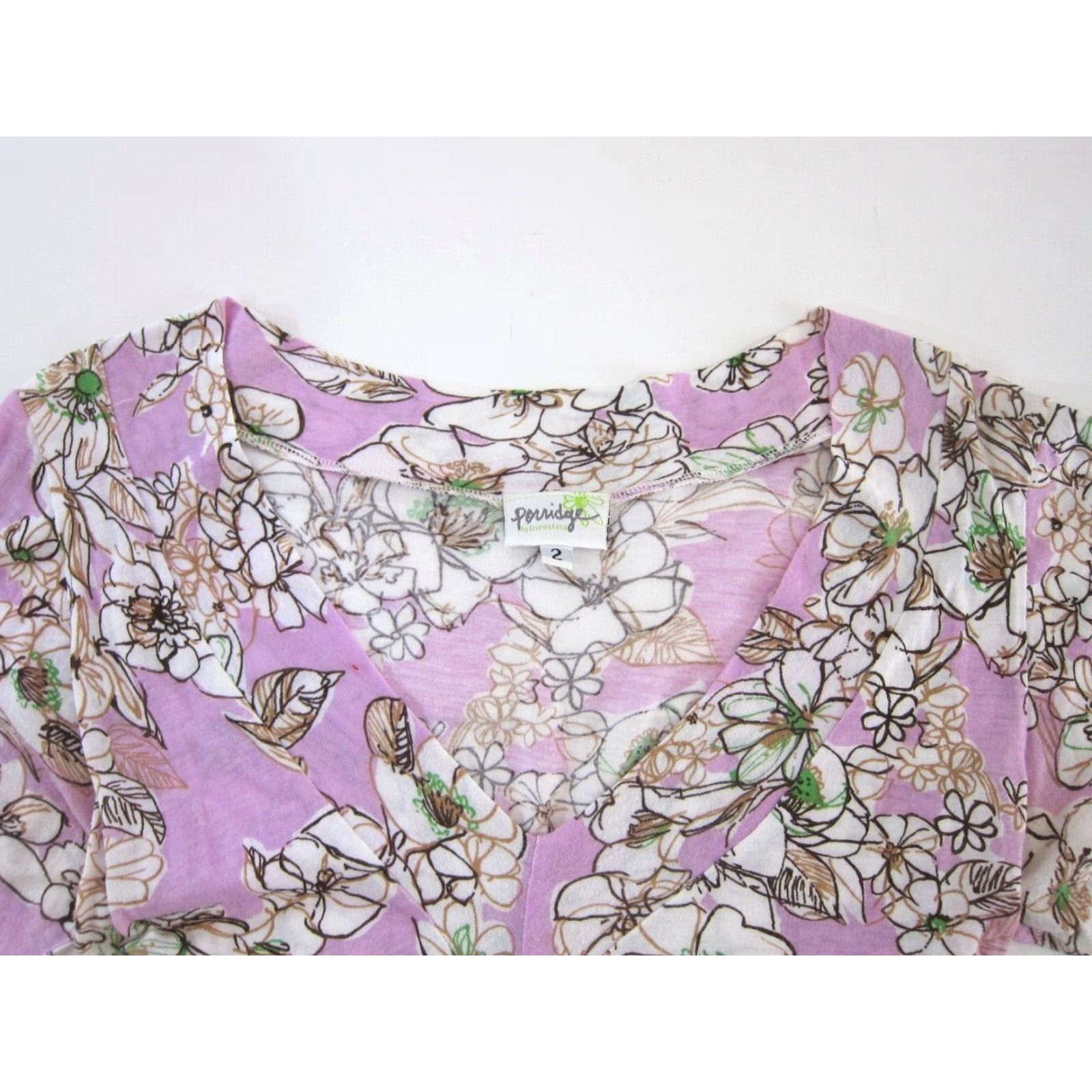Anthropologie Porridge Laura Stang Anthropologie Cotton Purple White Floral V-Neck T-Shirt 2 Size XS / US 0-2 / IT 36-38 - 3 Thumbnail