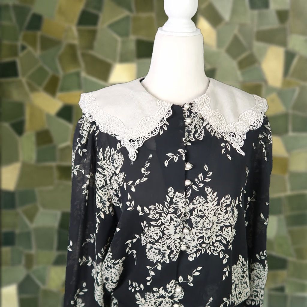 Vintage VINTAGE 80s black and cream floral print collared midi dress 12 Size XL / US 12-14 / IT 48-50 - 1 Thumbnail