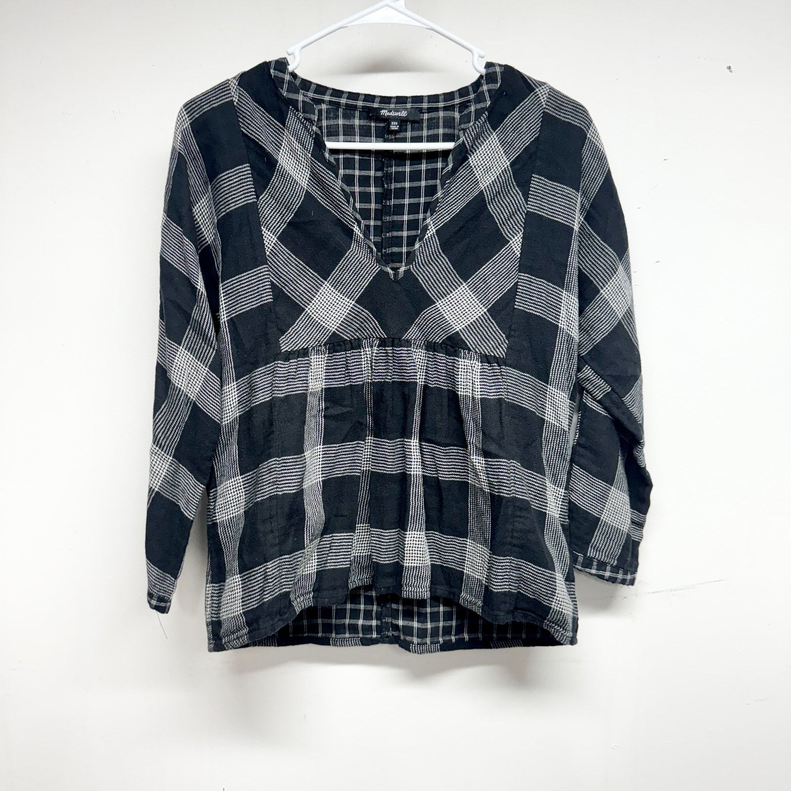 Madewell Madewell Hayden Black & White Plaid V-Neck Boho Top XXS Size XXS / US 00 / IT 34 - 2 Thumbnail