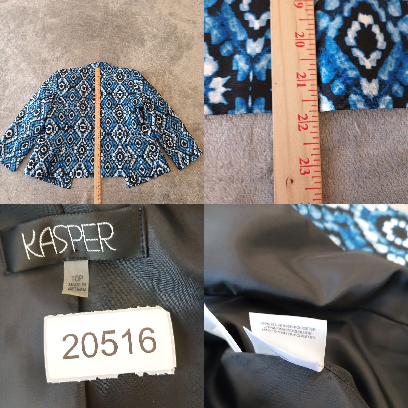 Kasper Kasper Blazer Women 10P Blue Geometric Lined Notch Lapel Single-Breasted Long Sleeve Jacket Suit Size L / US 10 / IT 46 - 8 Thumbnail