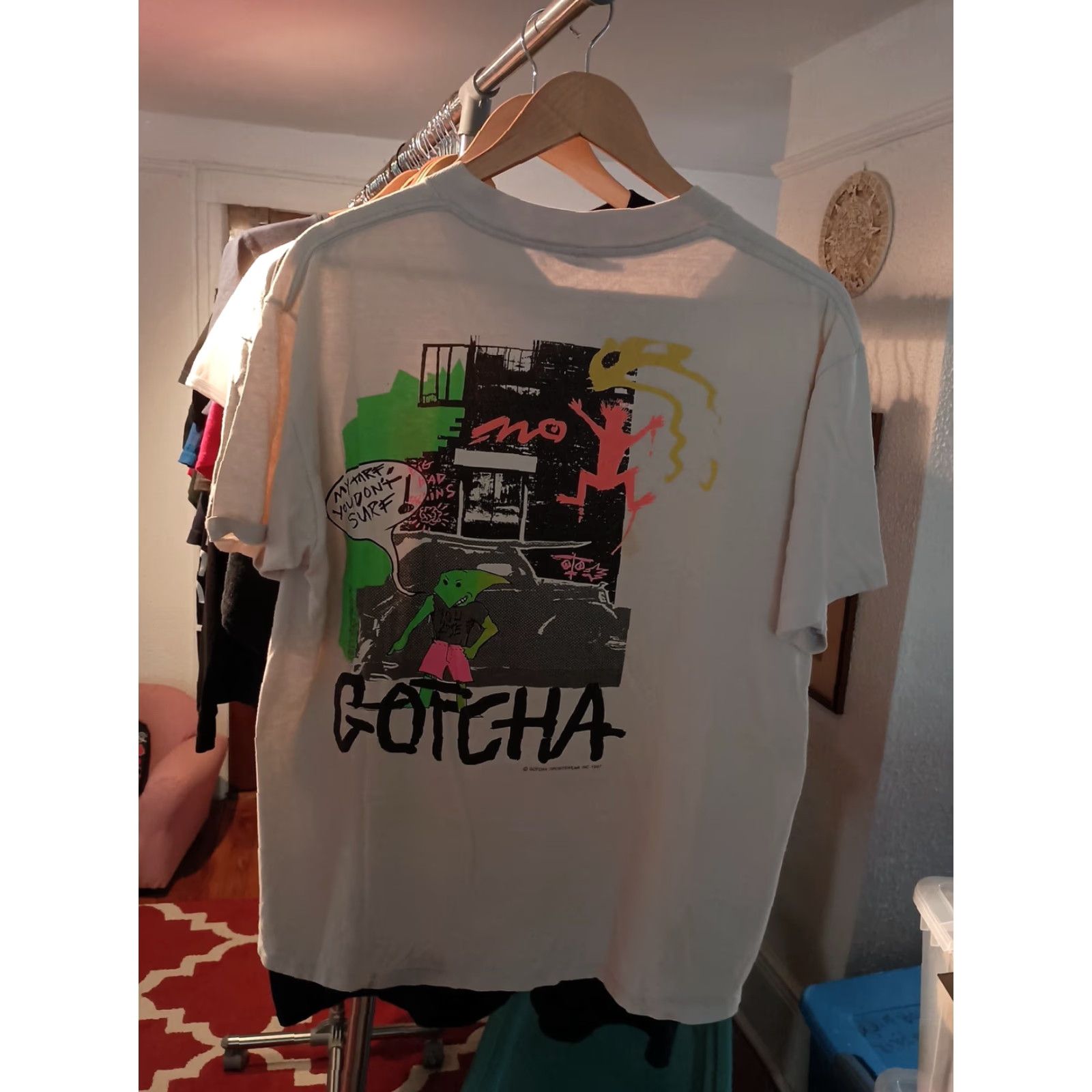 Gotcha VINTAGE Gotcha T-Shirt Shirt Mens White L Distressed Neon Graffiti USA 1987 80s Graffiti Design Made In USA Size US L / EU 52-54 / 3 - 3 Thumbnail