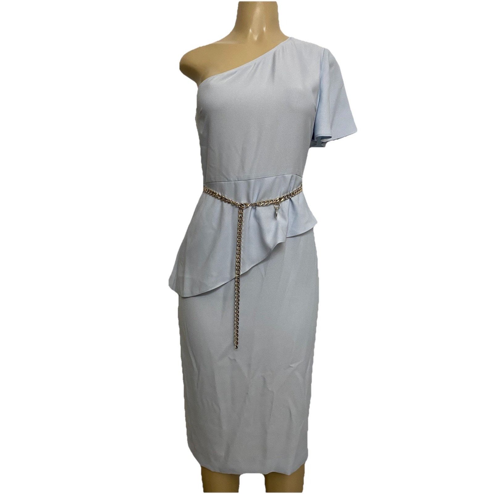 NWT Ted Baker Dress One Shoulder Blue Peplum Sheath Midi S