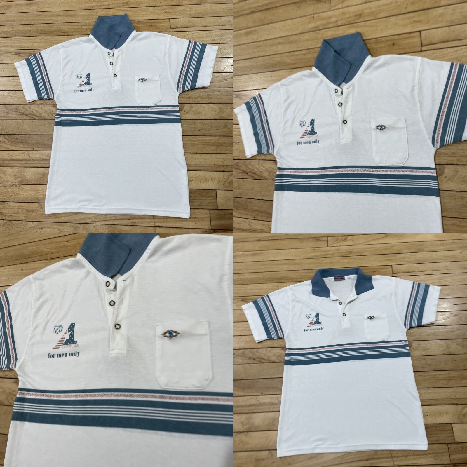 Vintage VINTAGE Polo Shirt Men M American Blue Cotton Blend Knit Button Short Sleeve Collared Geometric Graphic Spellout Classic Stretch Famous 90s? Size US M / EU 48-50 / 2 - 9 Thumbnail