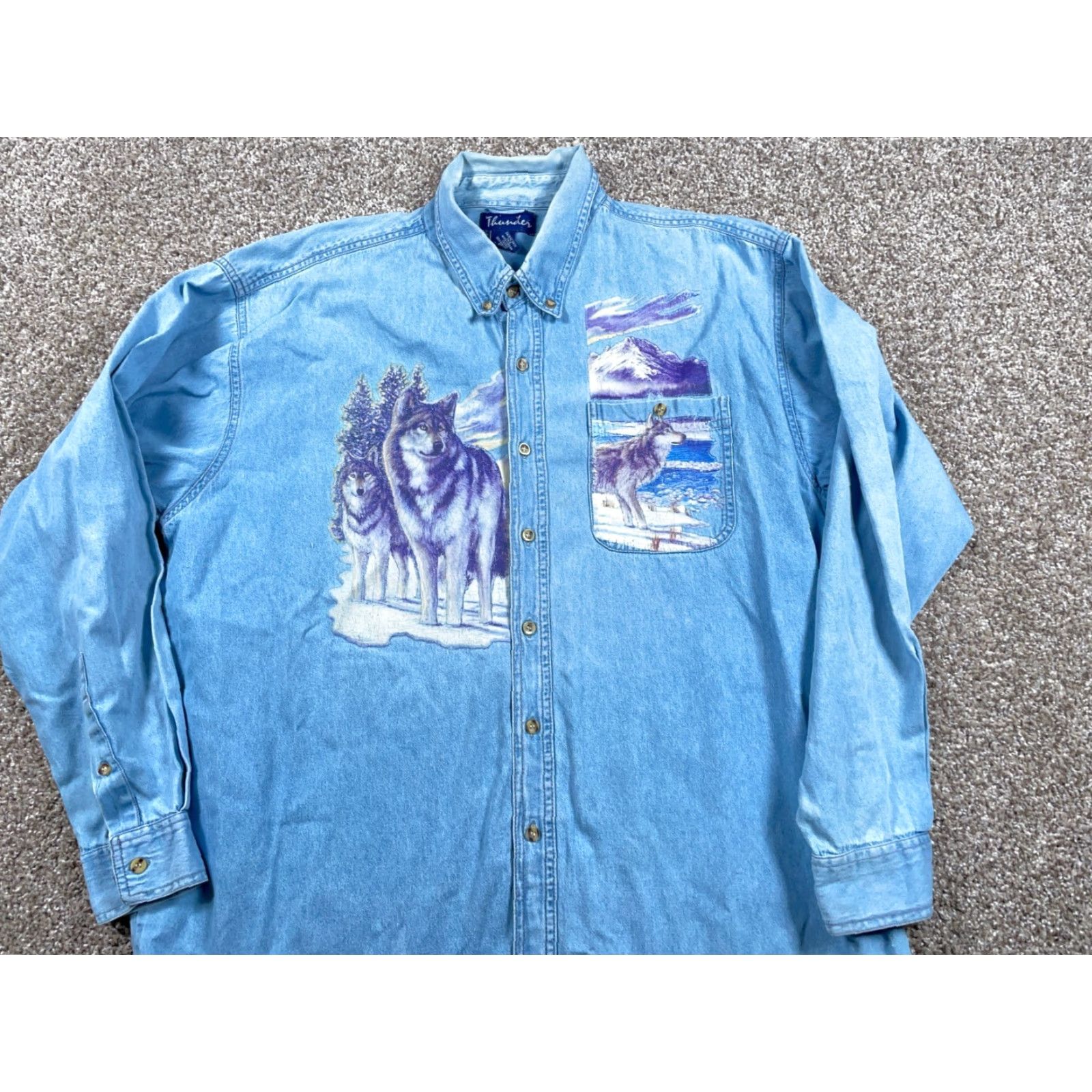 Vintage Thunder Denim Shirt Men's XL Blue 90s Wolves Scenic Graphic Print Button-Up Shirt by Thunder Size US XL / EU 56 / 4 - 4 Thumbnail