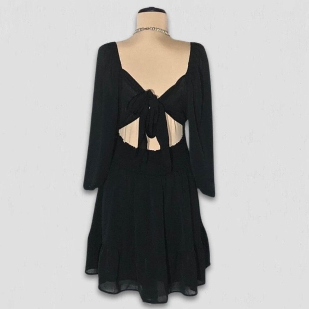 Vintage Cocktail Dress Lantern Sleeves Tie-Back Closure Black L NWOT Size L / US 10 / IT 46 - 2 Thumbnail