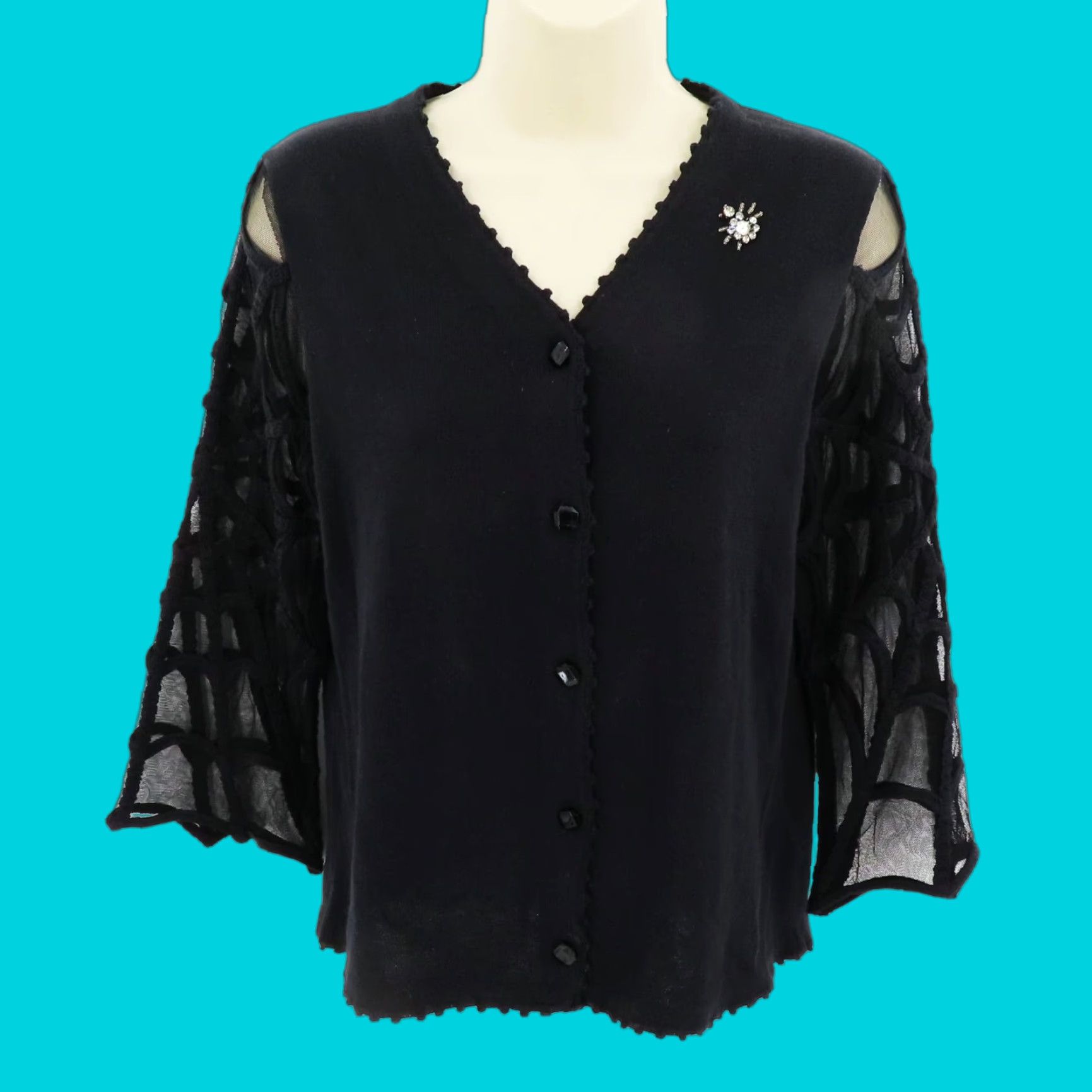 Simons Michael Simon Cardigan Women Small Rhinestone Spider Sheer Spiderweb Sweater Size S / US 4 / IT 40 - 1 Thumbnail