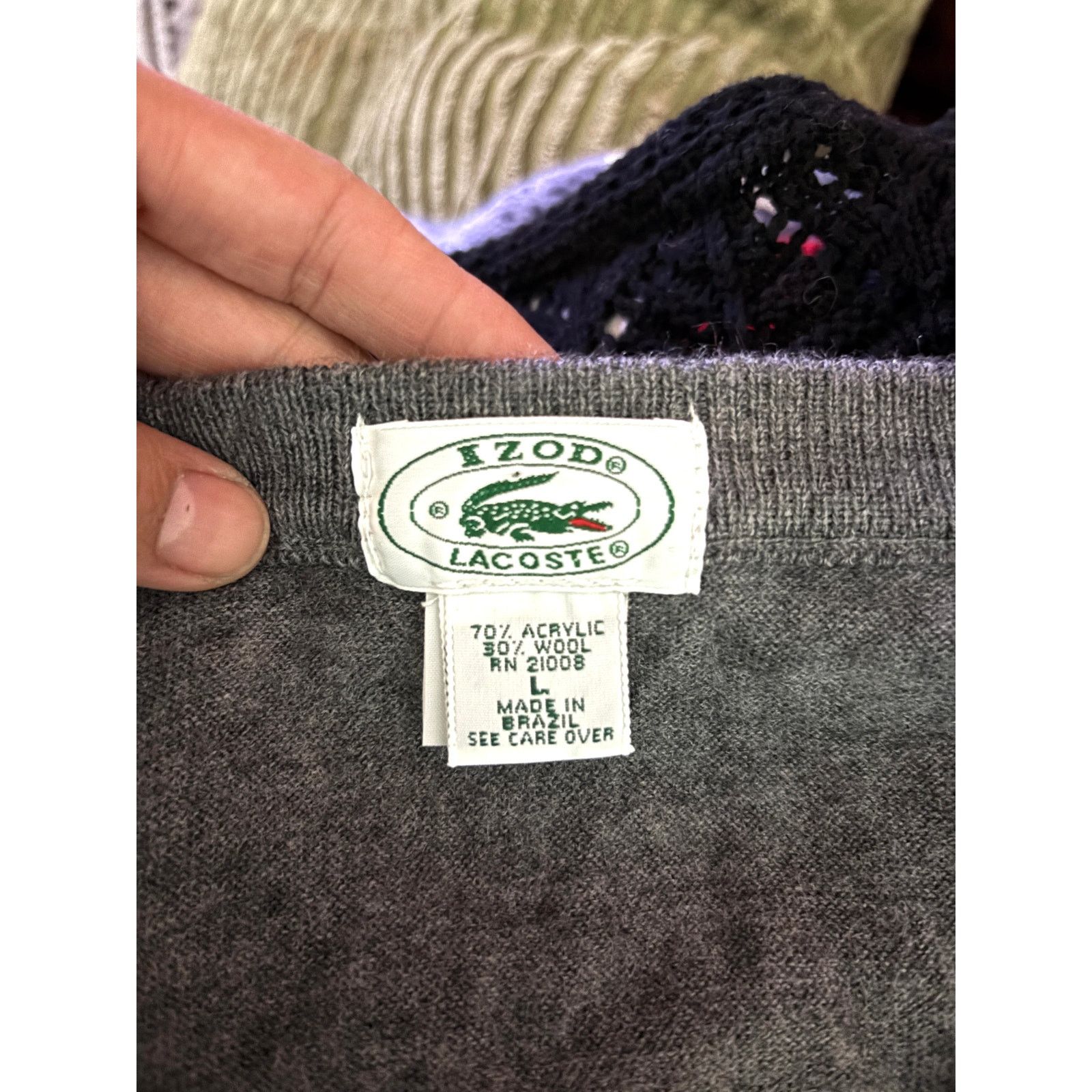 Lacoste Vintage 1980s Izod Lacoste Gray Knit V-Neck Sweater Men’s Size US L / EU 52-54 / 3 - 13 Thumbnail