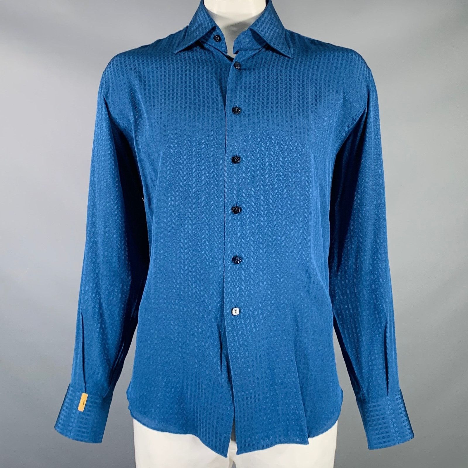 Size XL Blue Jacquard Silk Button Up Long Sleeve Shirt